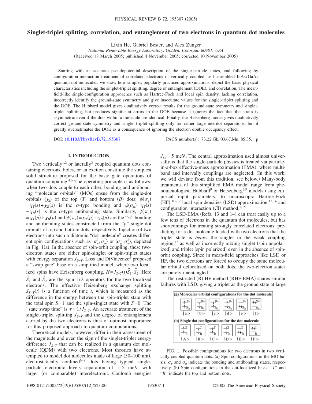 Singlet-Triplet Splitting, Correlation, and Entanglement of Two Electrons in Quantum Dot Molecules