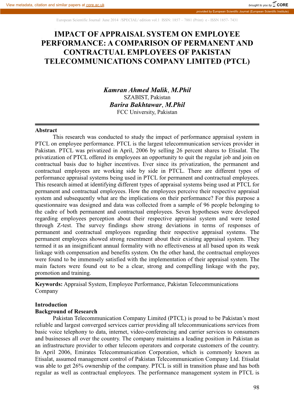 Impact of Appraisal System on Employee Performance: a Comparison of Permanent and Contractual Employees of Pakistan Telecommunications Company Limited (Ptcl)