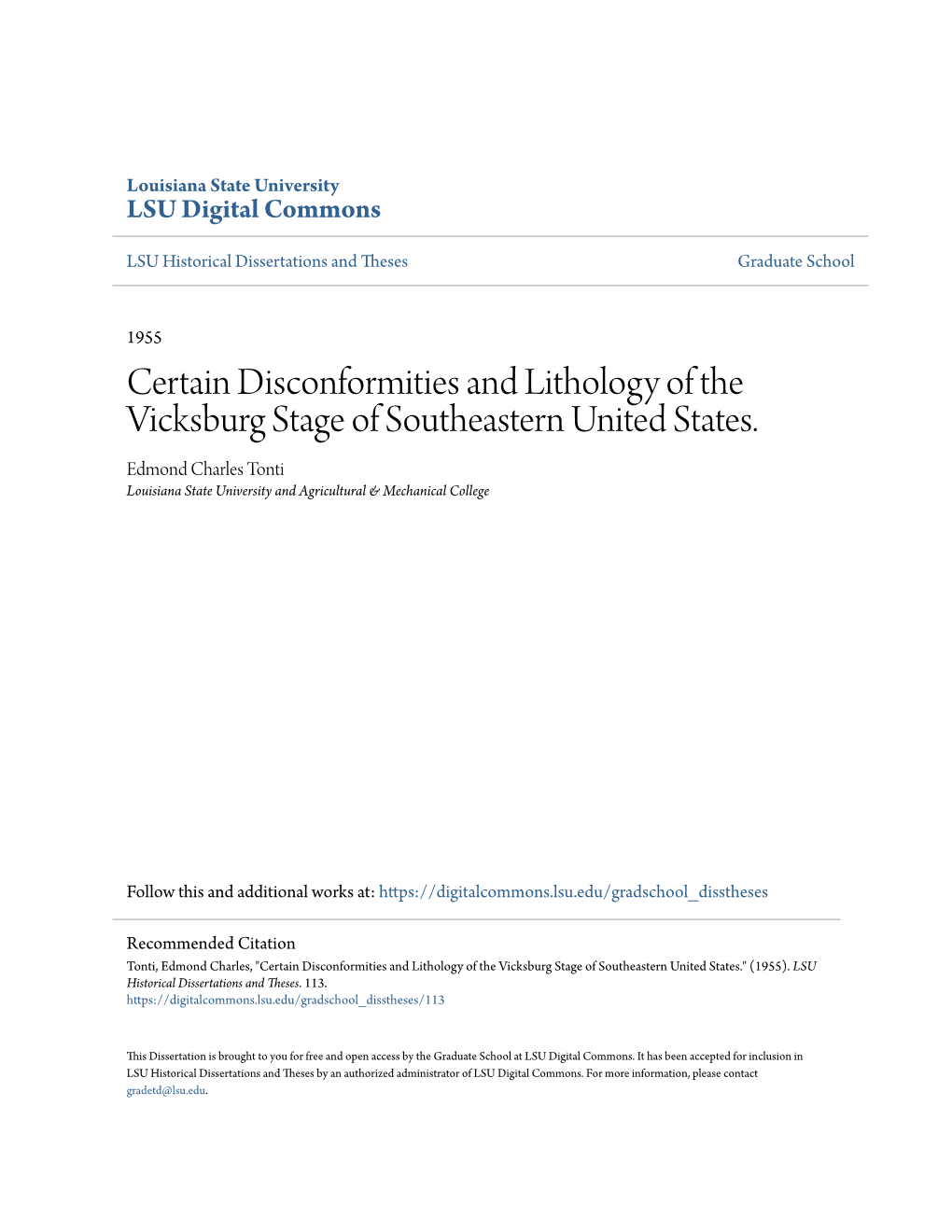 Certain Disconformities and Lithology of the Vicksburg Stage of Southeastern United States