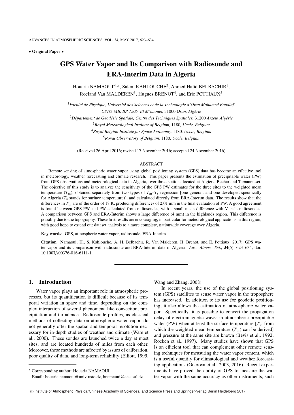 GPS Water Vapor and Its Comparison with Radiosonde and ERA-Interim Data in Algeria