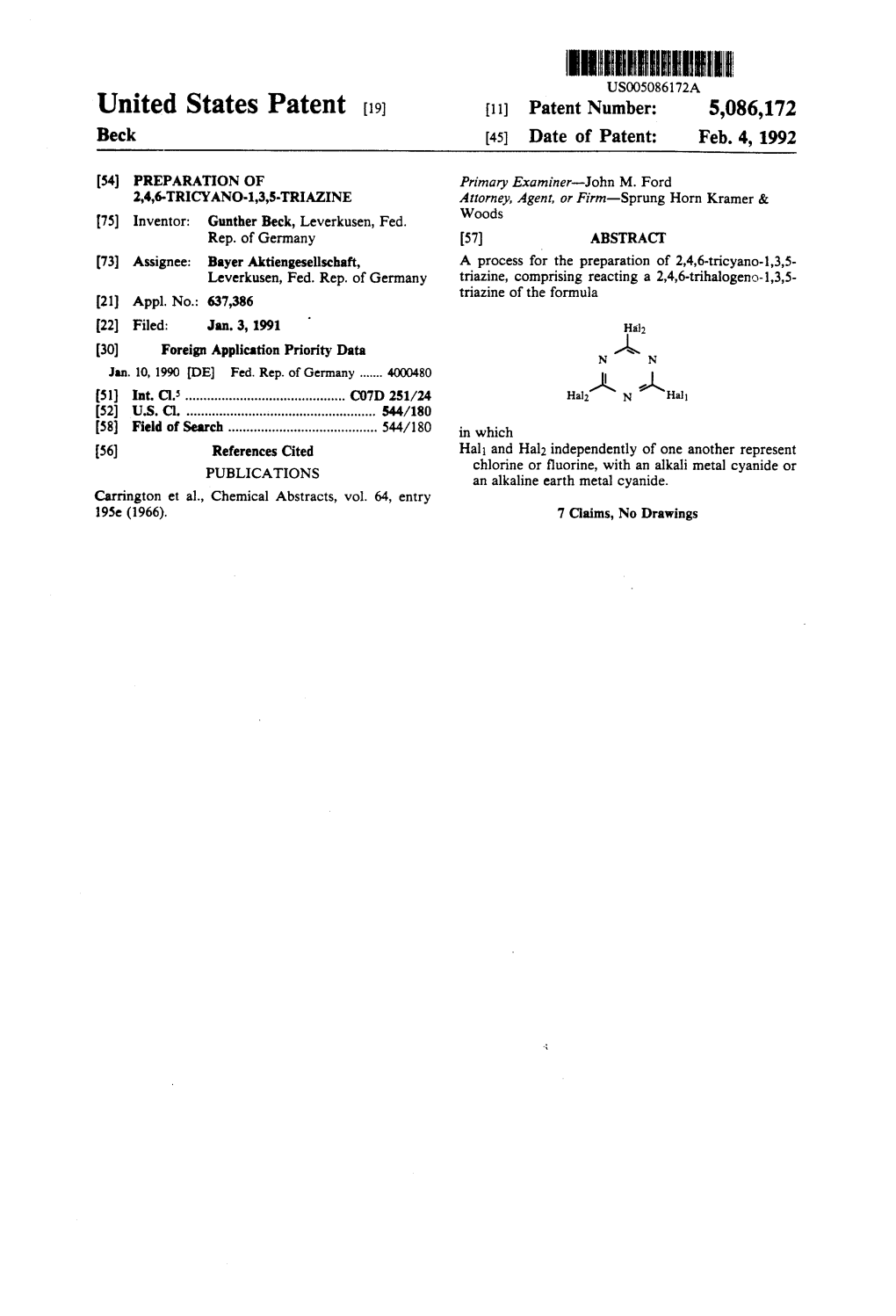 HHHHHHHHHRH USOO5086172A United States Patent (19) 11 Patent Number: 5,086,172 Beck 45 Date of Patent: Feb