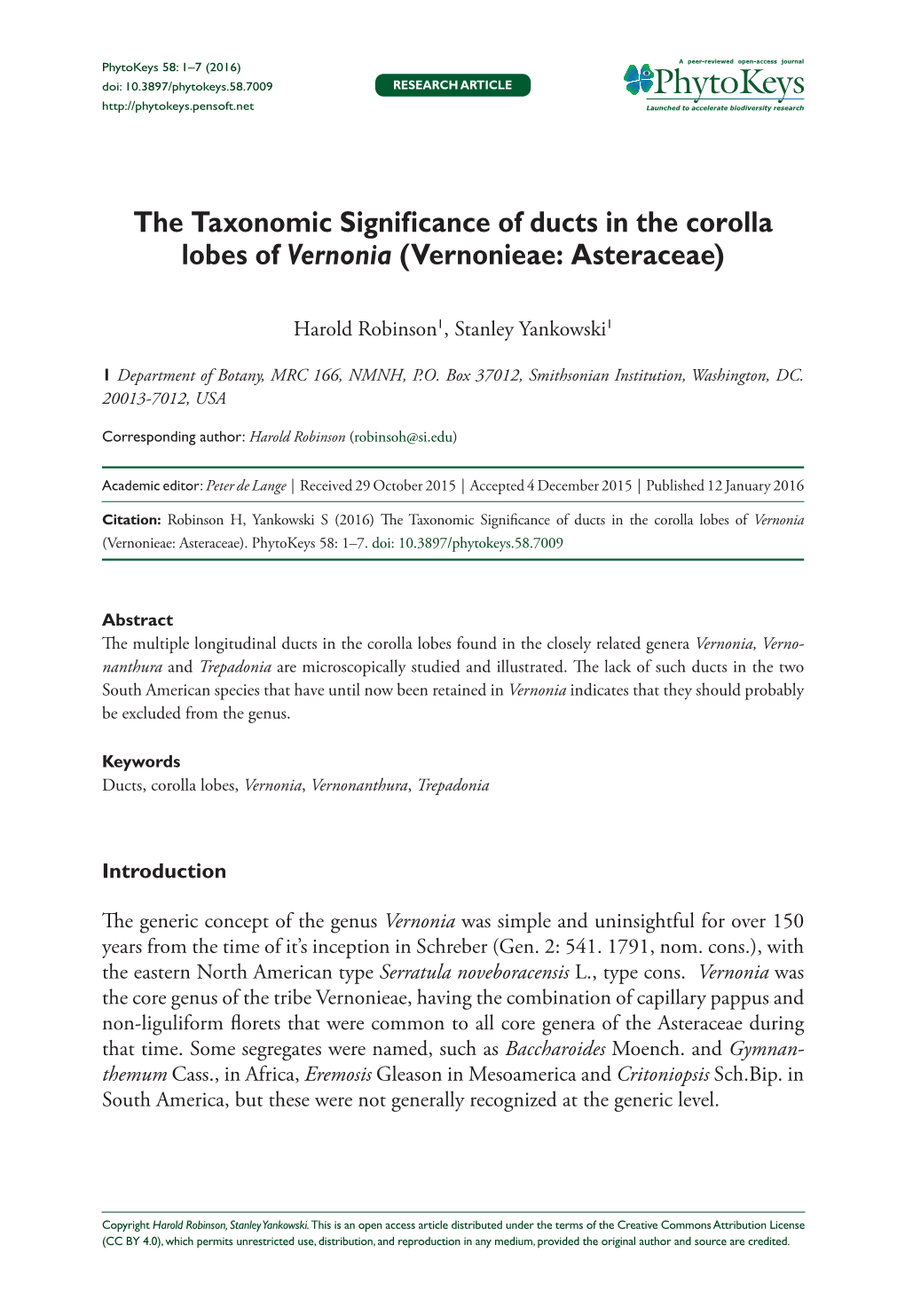 ﻿The Taxonomic Significance of Ducts in the Corolla Lobes of Vernonia