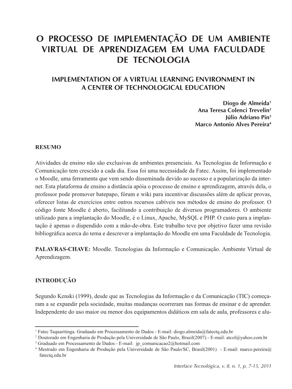 O Processo De Implementação De Um Ambiente Virtual De Aprendizagem Em Uma Faculdade De Tecnologia