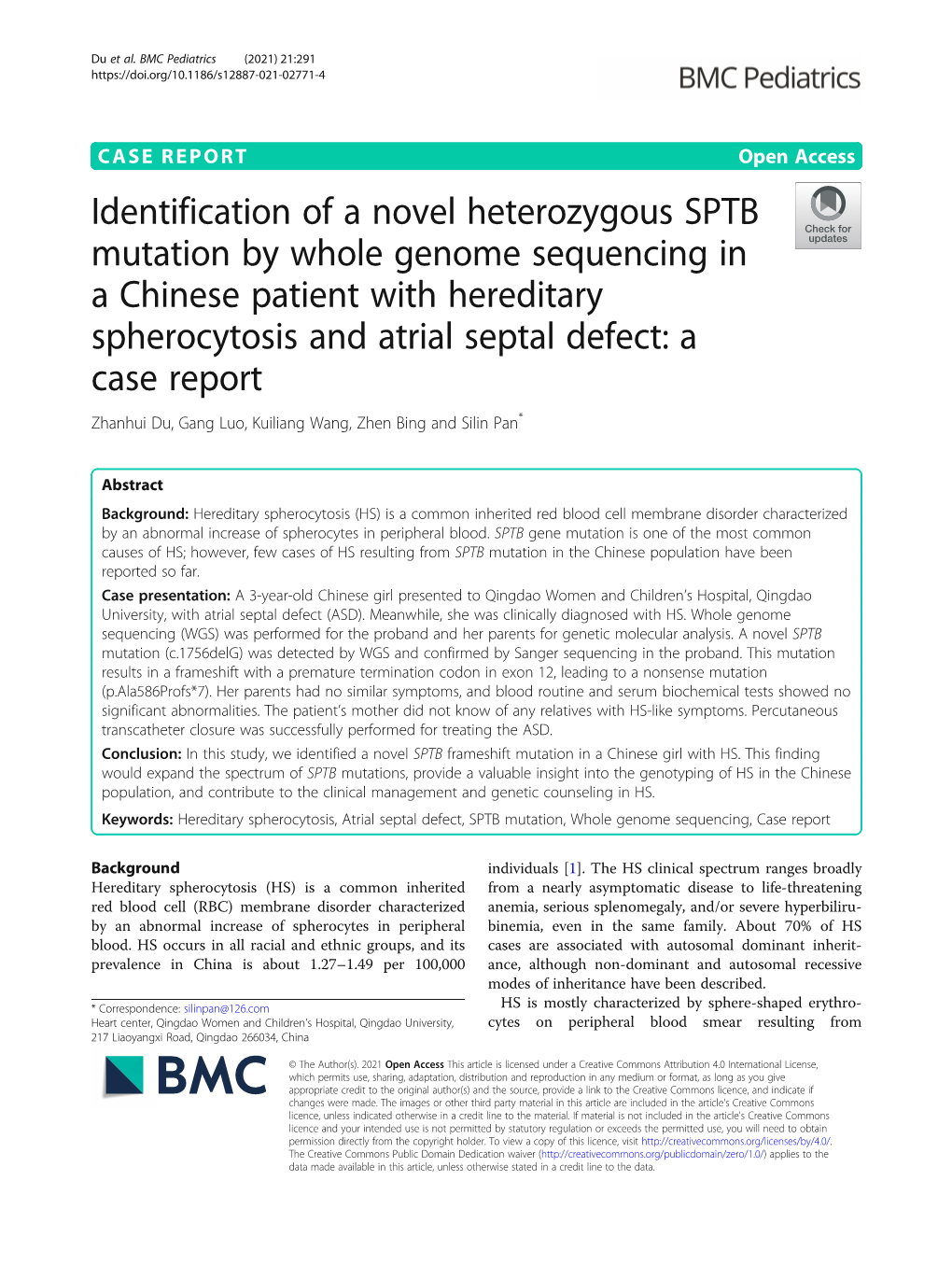 Identification of a Novel Heterozygous SPTB Mutation by Whole Genome