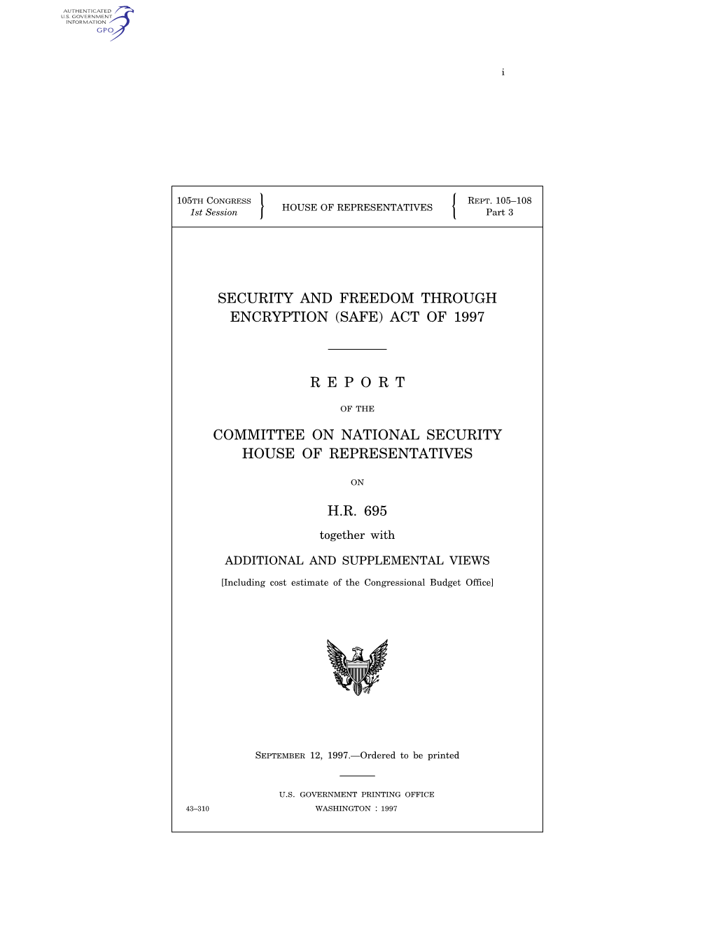 Act of 1997 Report Committee on National Security House