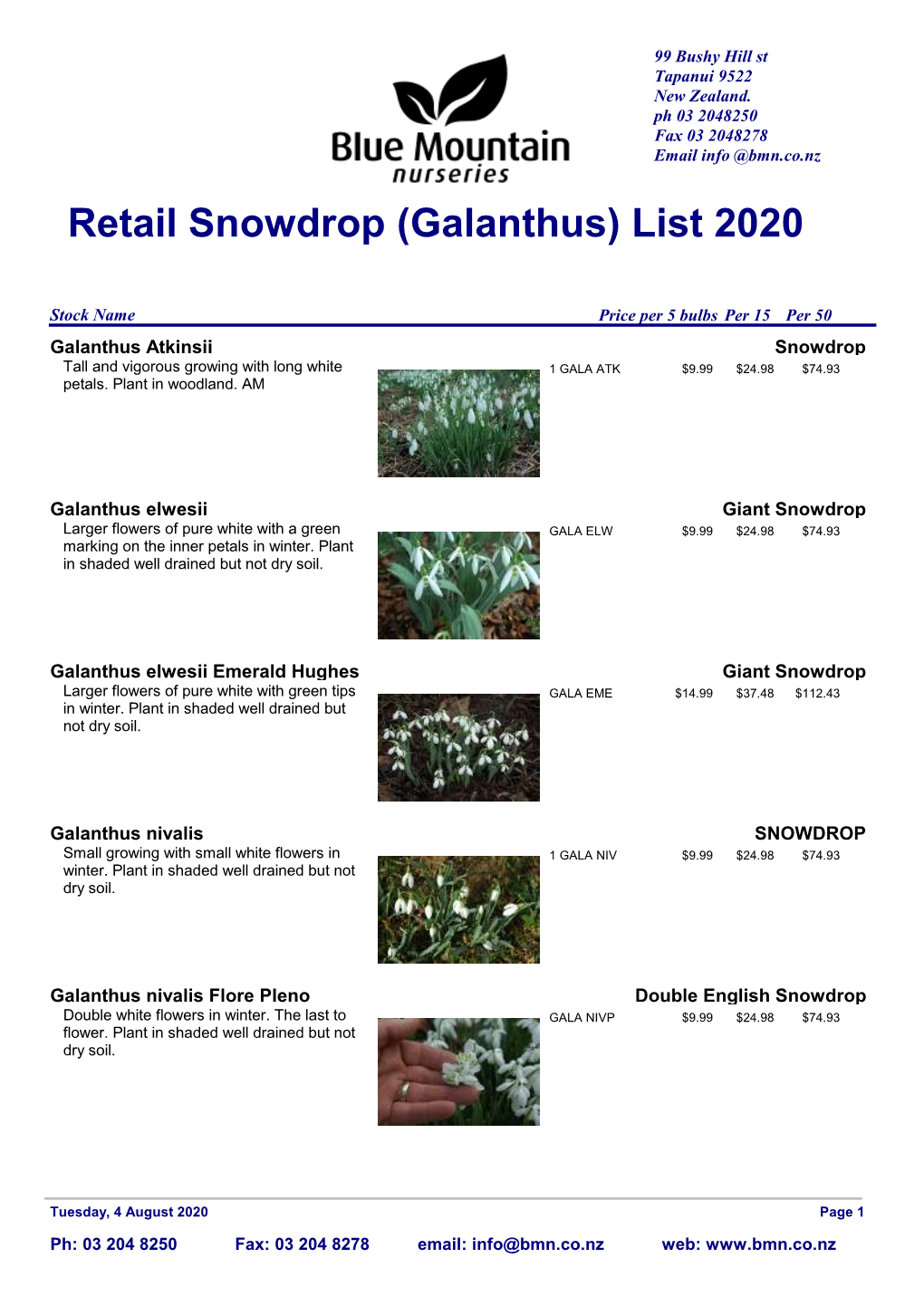 Retail Snowdrop (Galanthus) List 2020