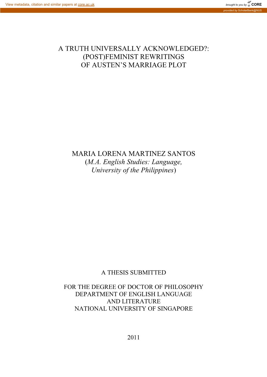 A Truth Universally Acknowledged?: (Post)Feminist Rewritings of Austen‘S Marriage Plot