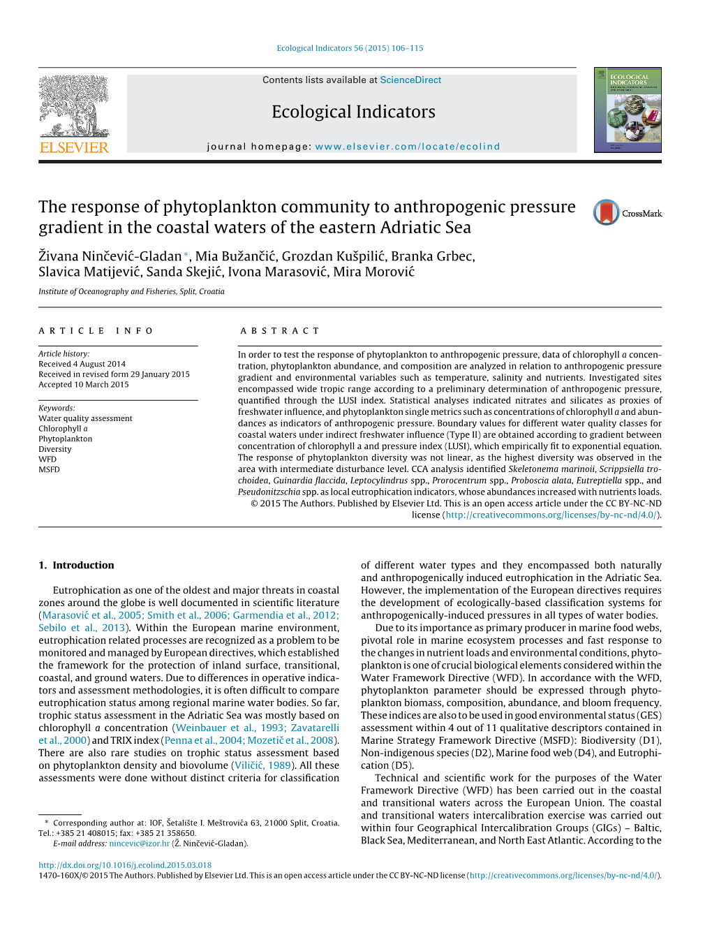 The Response of Phytoplankton Community to Anthropogenic Pressure