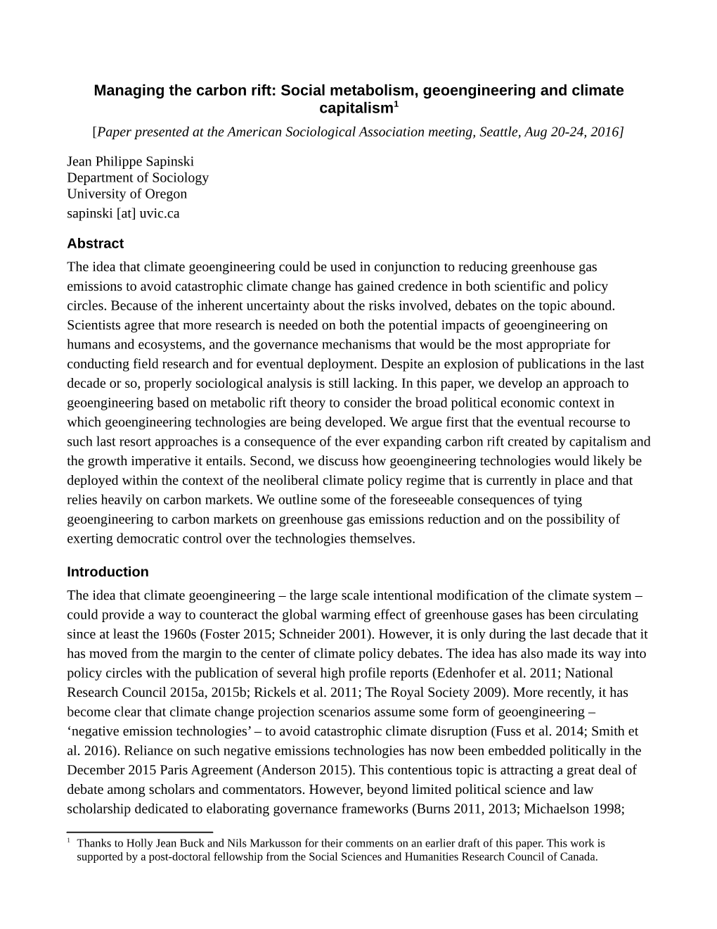 Managing the Carbon Rift: Social Metabolism, Geoengineering And