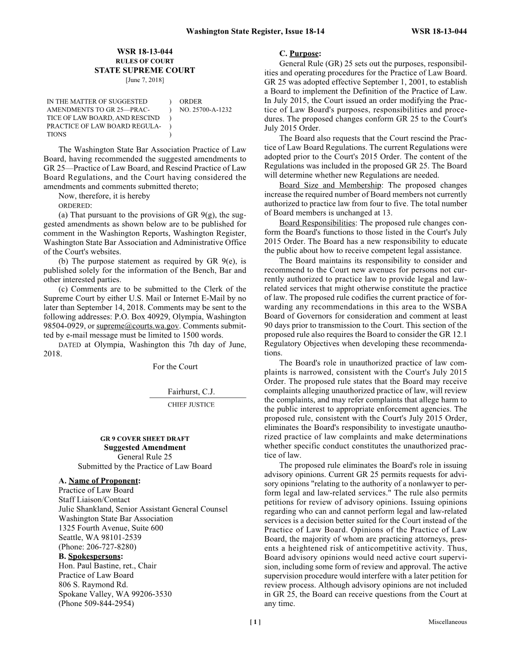 Washington State Register, Issue 18-14 WSR 18-13-044 WSR 18-13-044 STATE SUPREME COURT the Washington State Bar Association Prac