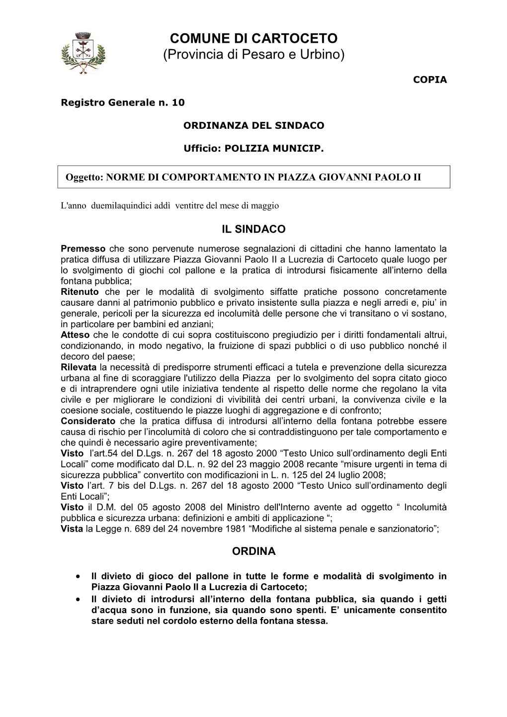 COMUNE DI CARTOCETO (Provincia Di Pesaro E Urbino)