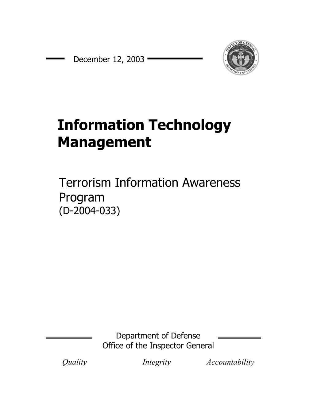 Terrorism Information Awareness Program (D-2004-033)