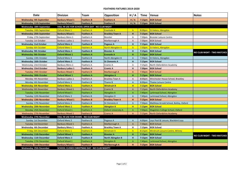 Division Team Opposition H / a Time Venue Notes Date