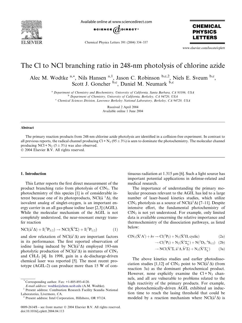 The Cl to Ncl Branching Ratio in 248-Nm Photolysis of Chlorine Azide