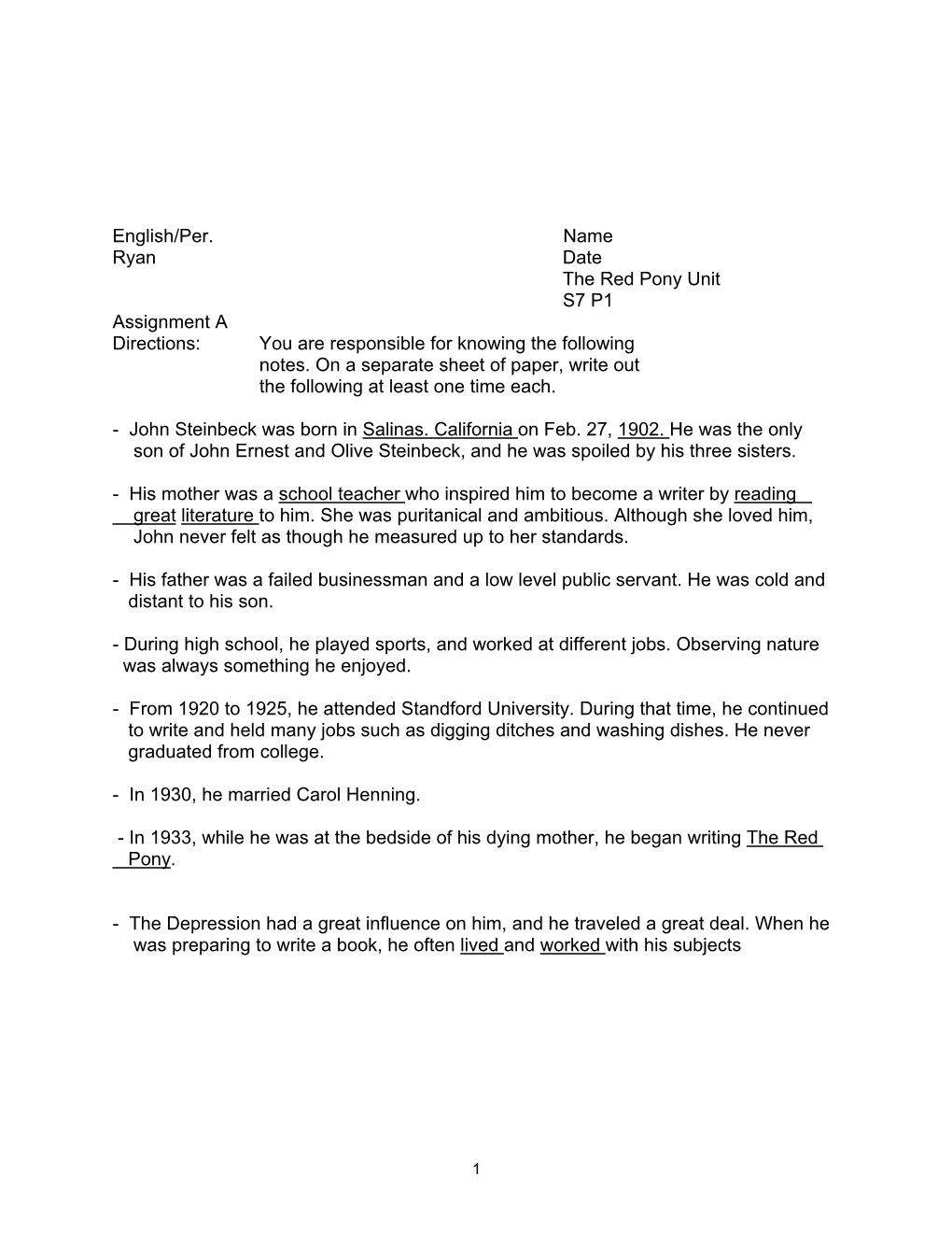 English/Per. Name Ryan Date the Red Pony Unit S7 P1 Assignment a Directions: You Are Responsible for Knowing the Following Notes