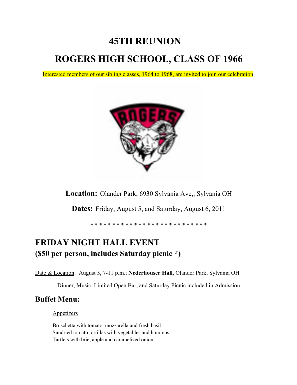 45Th Reunion – Rogers High School, Class of 1966