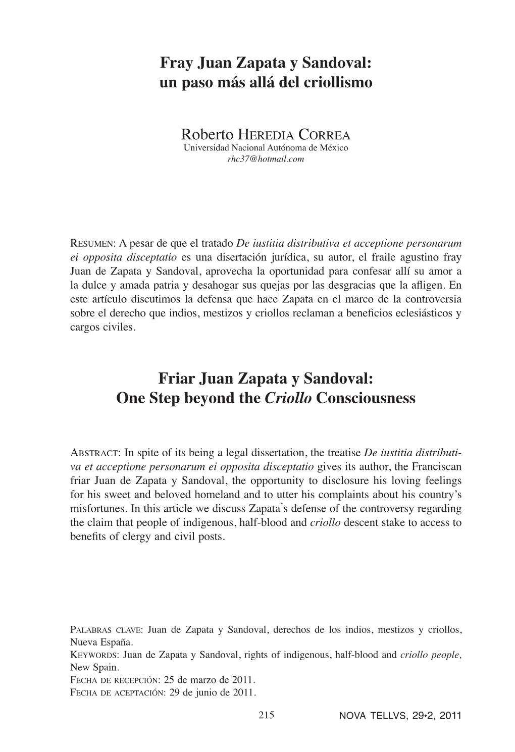 Fray Juan Zapata Y Sandoval: Un Paso Más Allá Del Criollismo