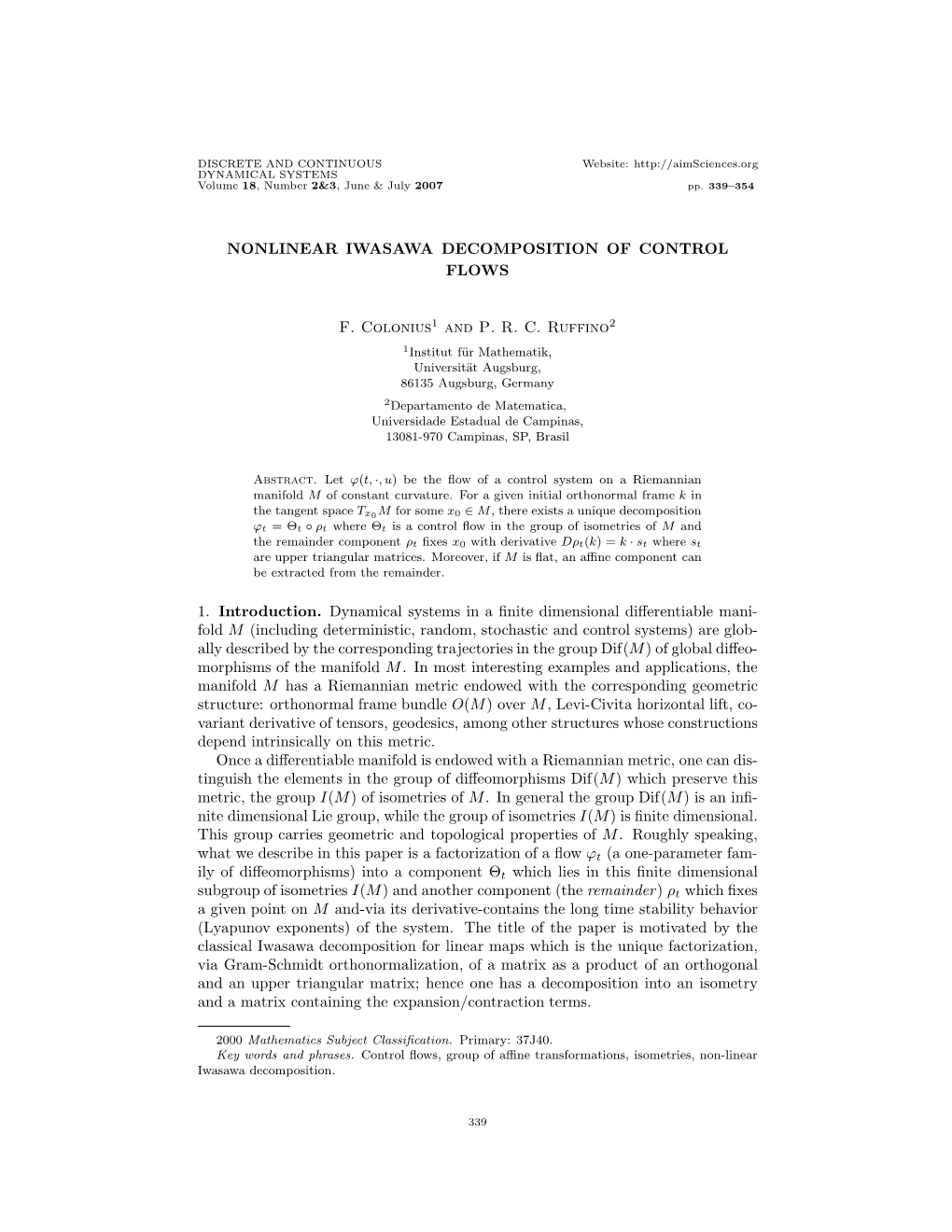 Nonlinear Iwasawa Decomposition of Control Flows