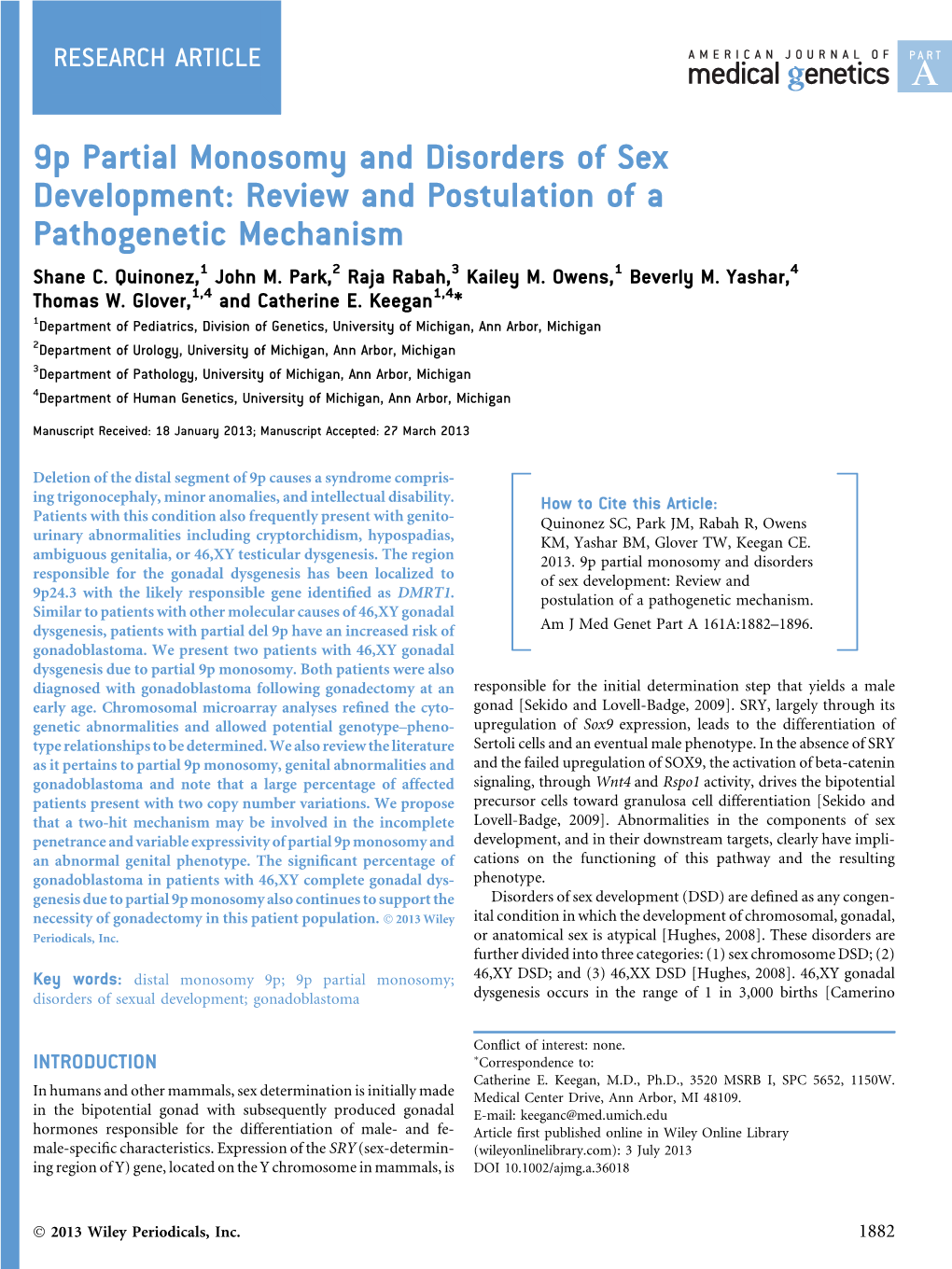 9P Partial Monosomy and Disorders of Sex Development: Review and Postulation of a Pathogenetic Mechanism Shane C