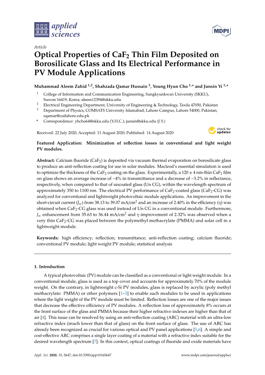 Optical Properties of Caf2 Thin Film Deposited on Borosilicate Glass and Its Electrical Performance in PV Module Applications