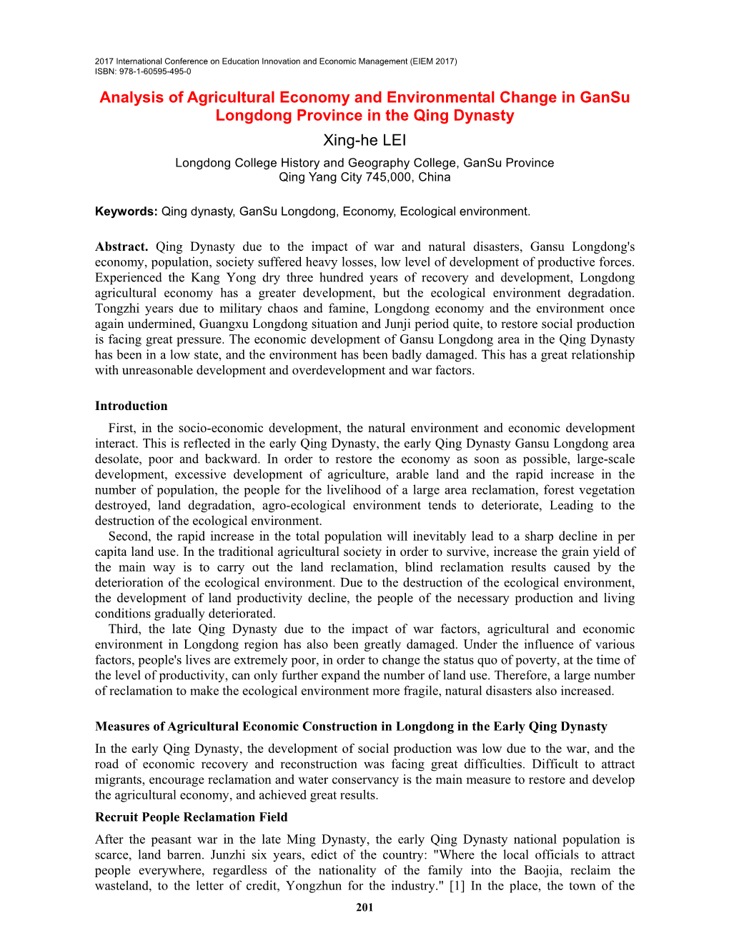 Analysis of Agricultural Economy and Environmental Change in Gansu