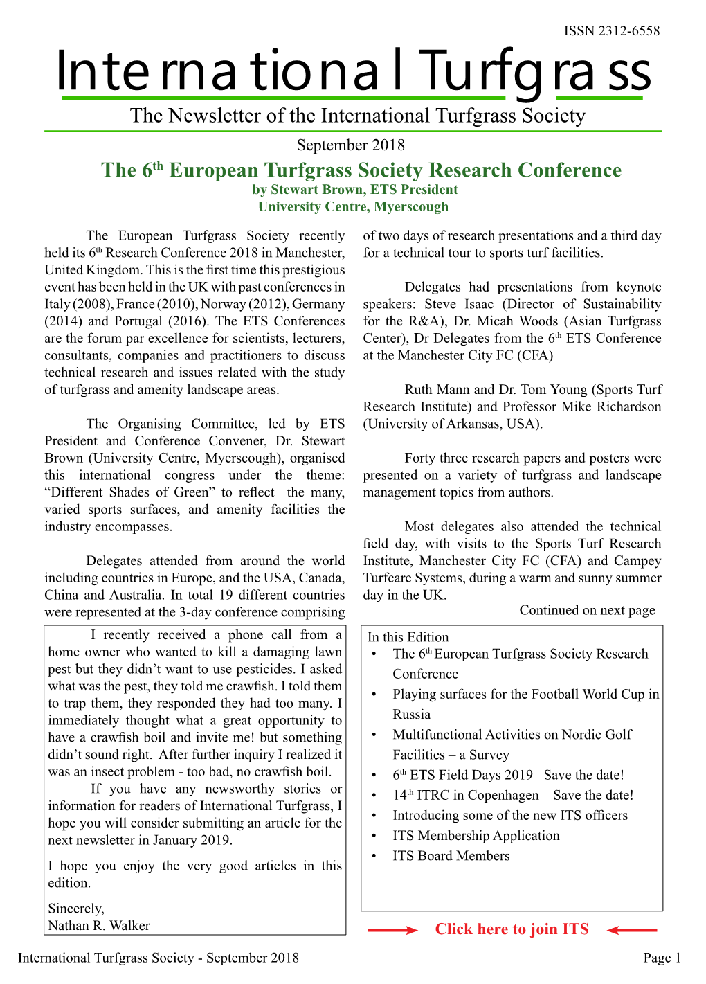 September 2018 the 6Th European Turfgrass Society Research Conference by Stewart Brown, ETS President University Centre, Myerscough