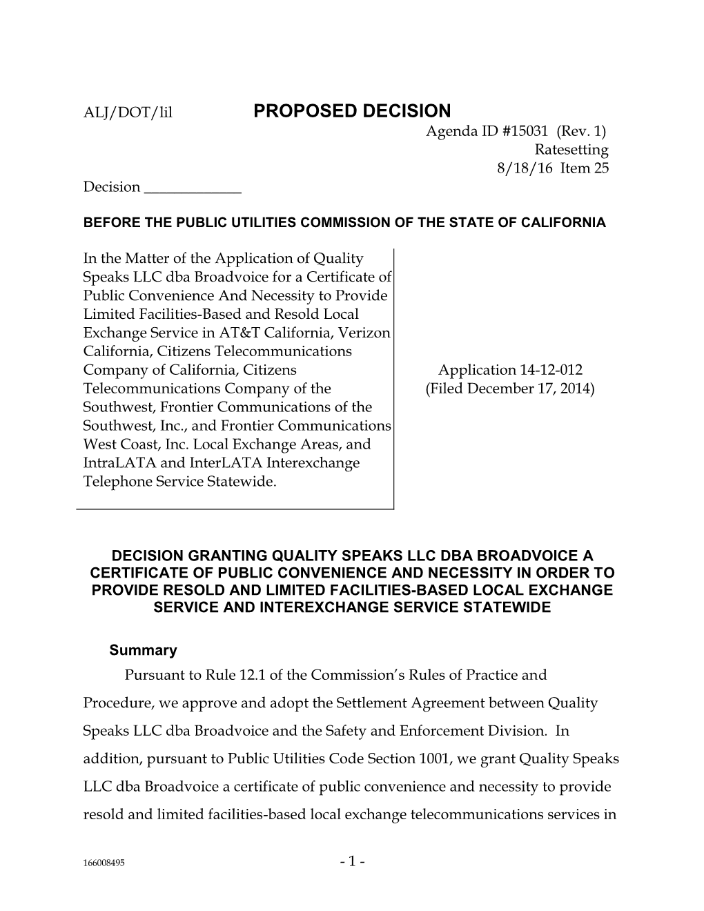 PROPOSED DECISION Agenda ID #15031 (Rev