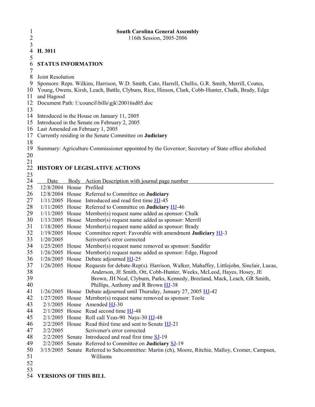 2005-2006 Bill 3011: Agriculture Commissioner Appointed by the Governor; Secretary of State