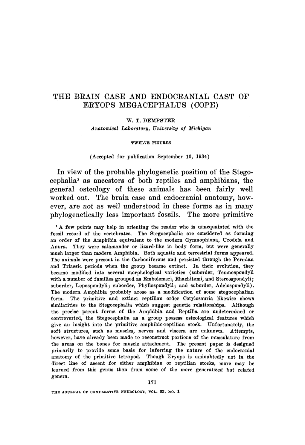 The Brain Case and Endocranial Cast of Eryops Megacephalus (Cope)