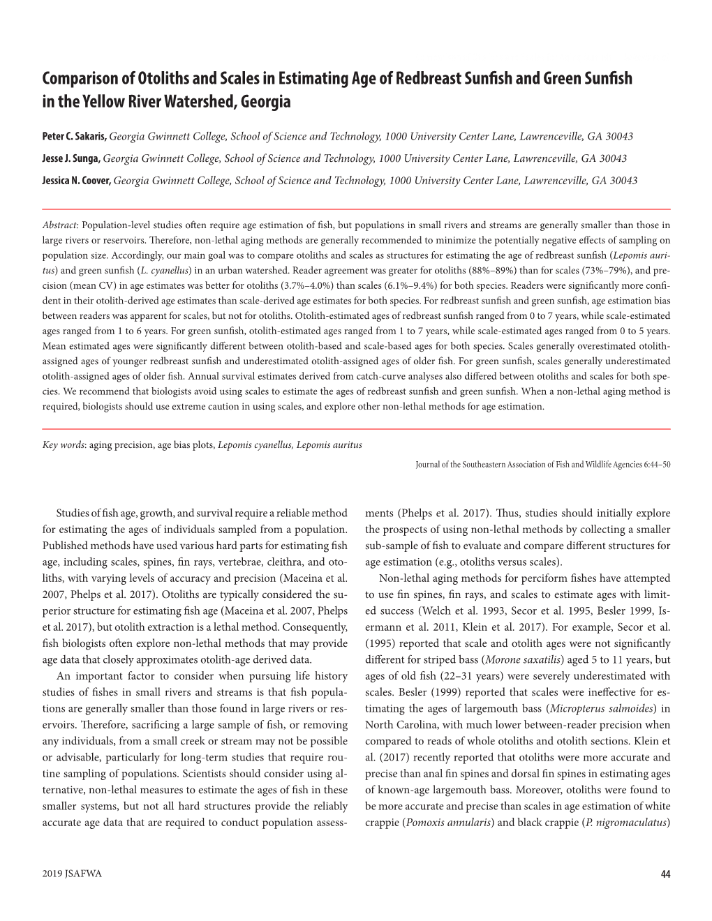 Comparison of Otoliths and Scales in Estimating Age of Redbreast Sunfish and Green Sunfish in the Yellow River Watershed, Georgia