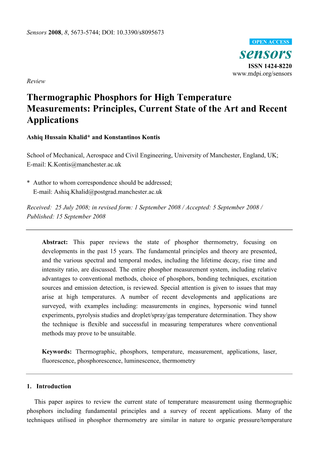 Thermographic Phosphors for High Temperature Measurements: Principles, Current State of the Art and Recent Applications