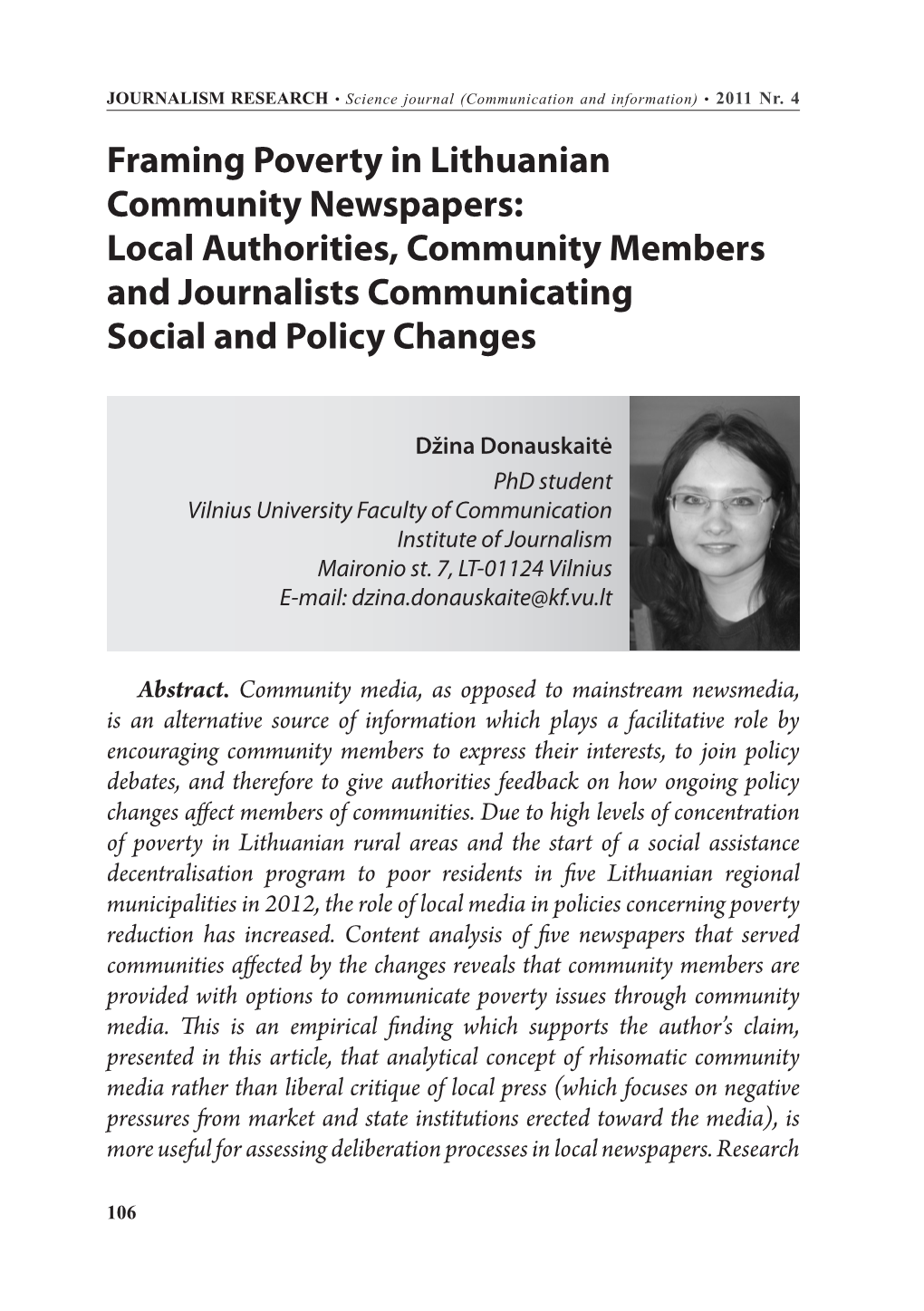 Framing Poverty in Lithuanian Community Newspapers: Local Authorities, Community Members and Journalists Communicating Social and Policy Changes