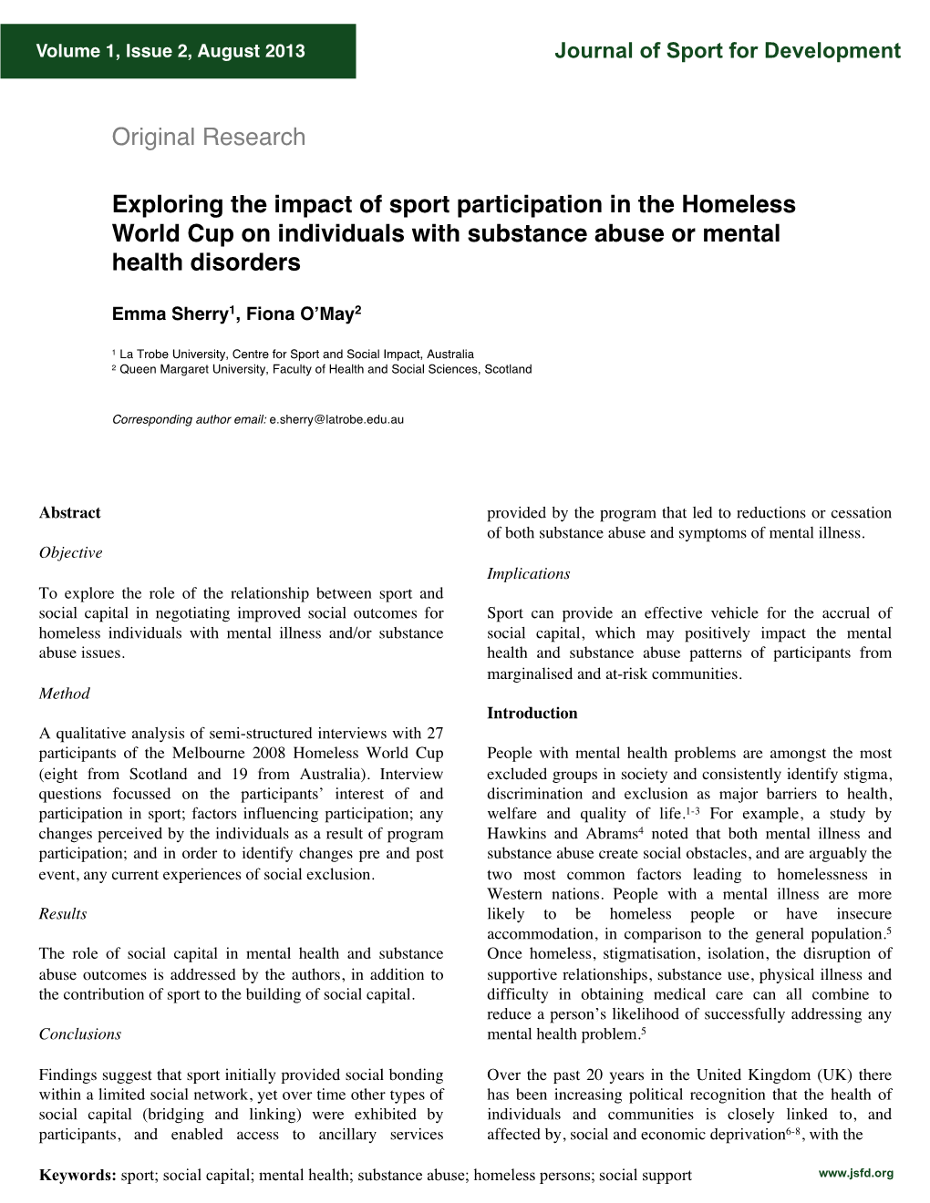 Exploring the Impact of Sport Participation in the Homeless World Cup on Individuals with Substance Abuse Or Mental Health Disorders