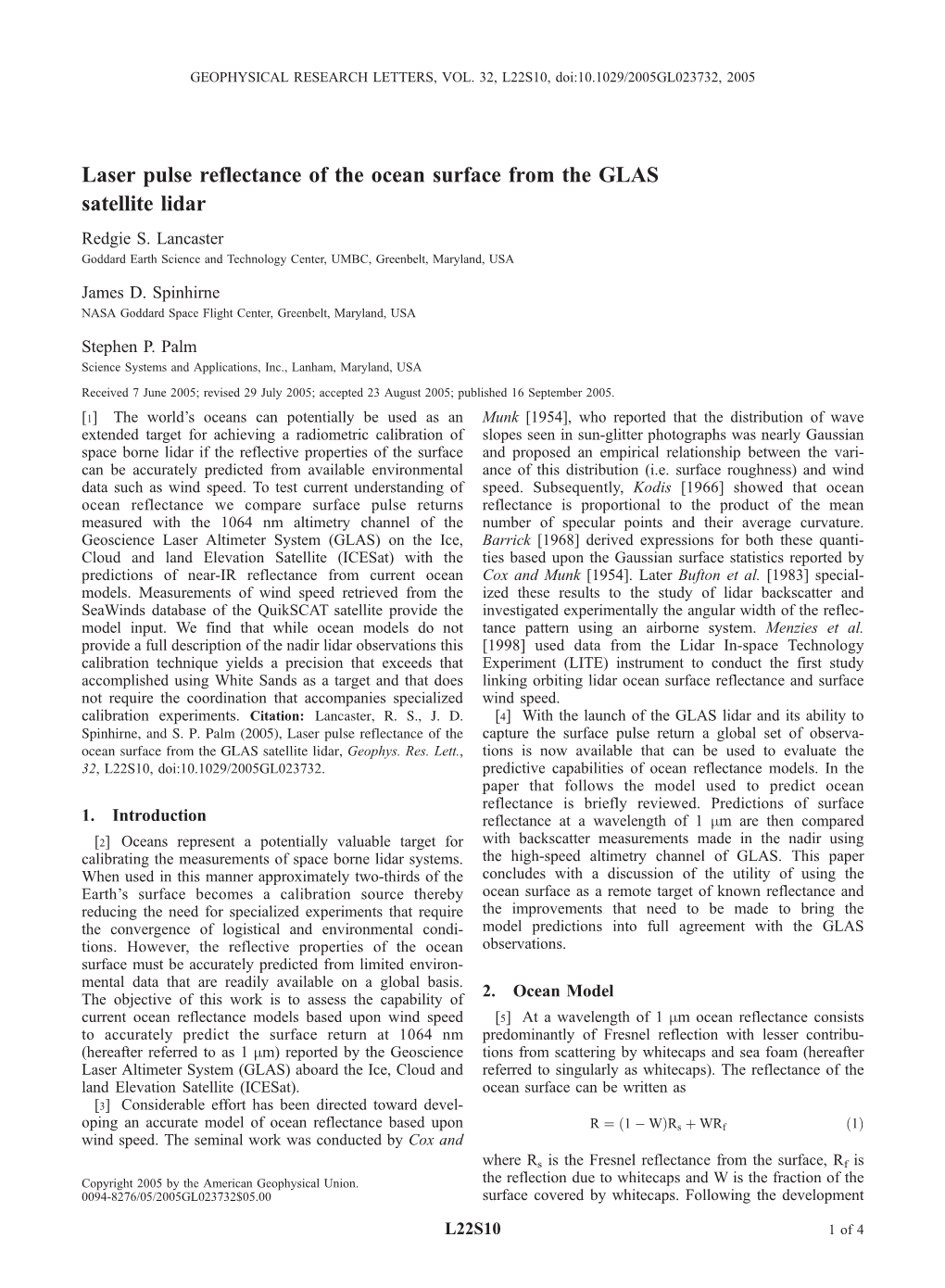 Laser Pulse Reflectance of the Ocean Surface from the GLAS Satellite Lidar Redgie S