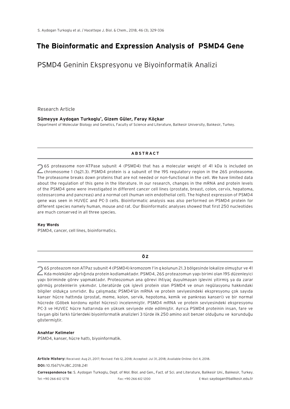 The Bioinformatic and Expression Analysis of PSMD4 Gene PSMD4