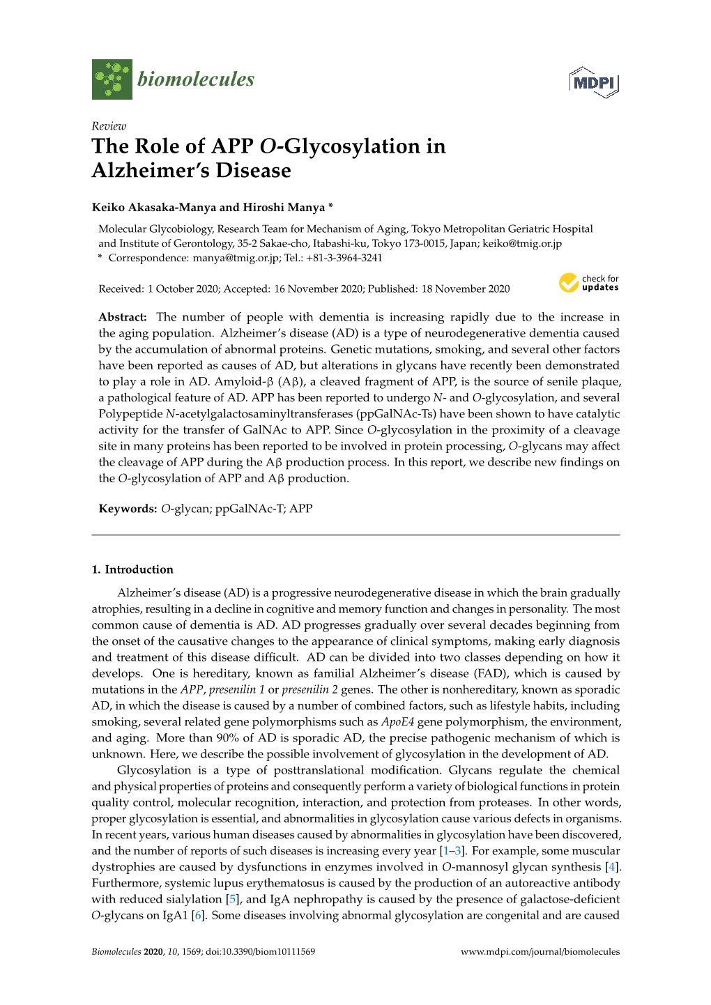 The Role of APP O-Glycosylation in Alzheimer's Disease