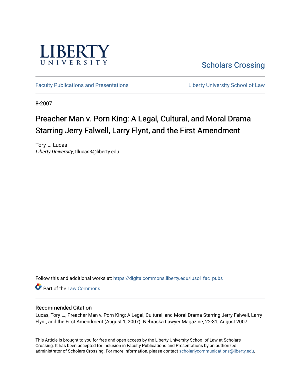 Preacher Man V. Porn King: a Legal, Cultural, and Moral Drama Starring Jerry Falwell, Larry Flynt, and the First Amendment