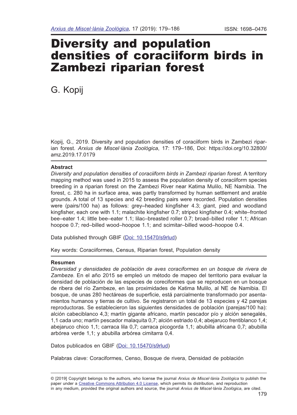 Diversity and Population Densities of Coraciiform Birds in Zambezi Riparian Forest