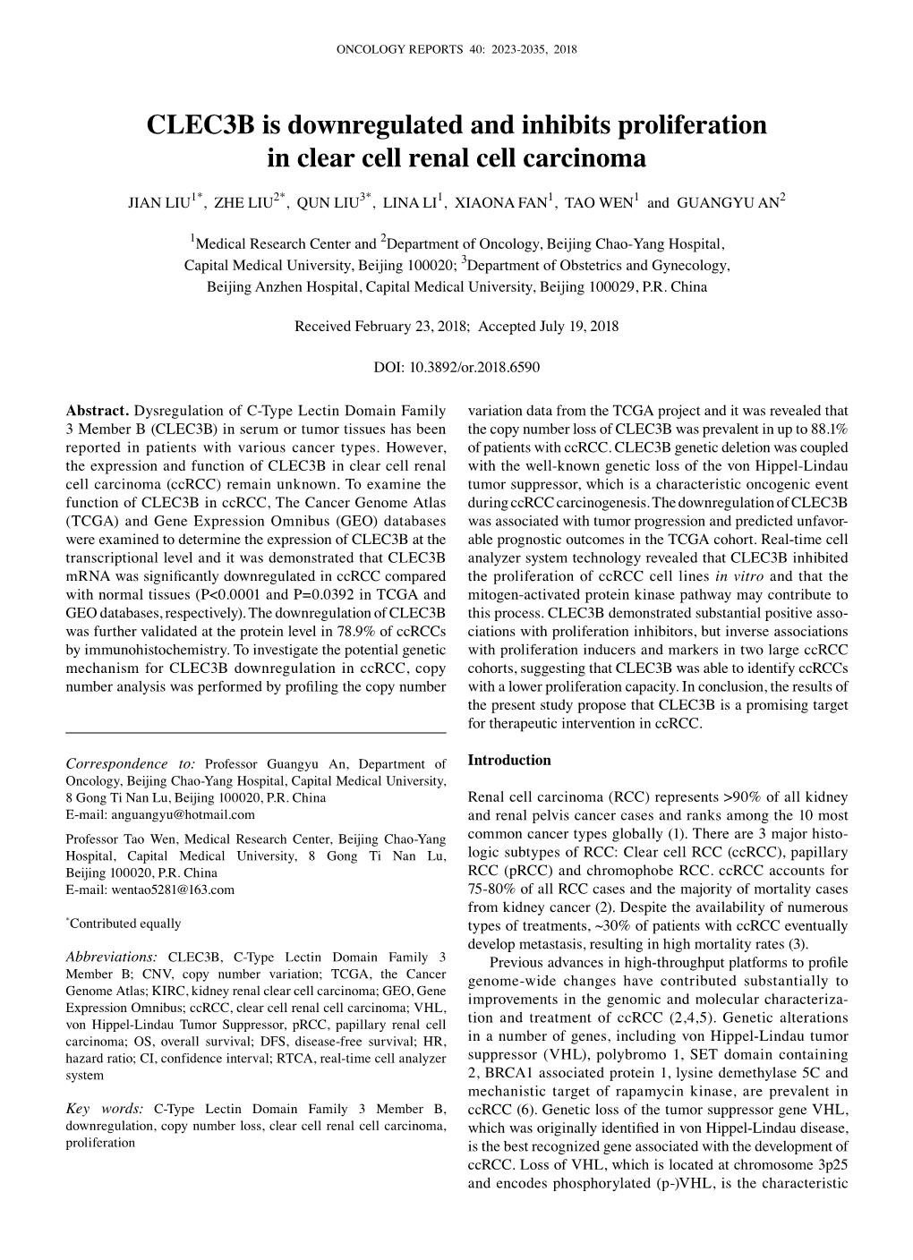 CLEC3B Is Downregulated and Inhibits Proliferation in Clear Cell Renal Cell Carcinoma