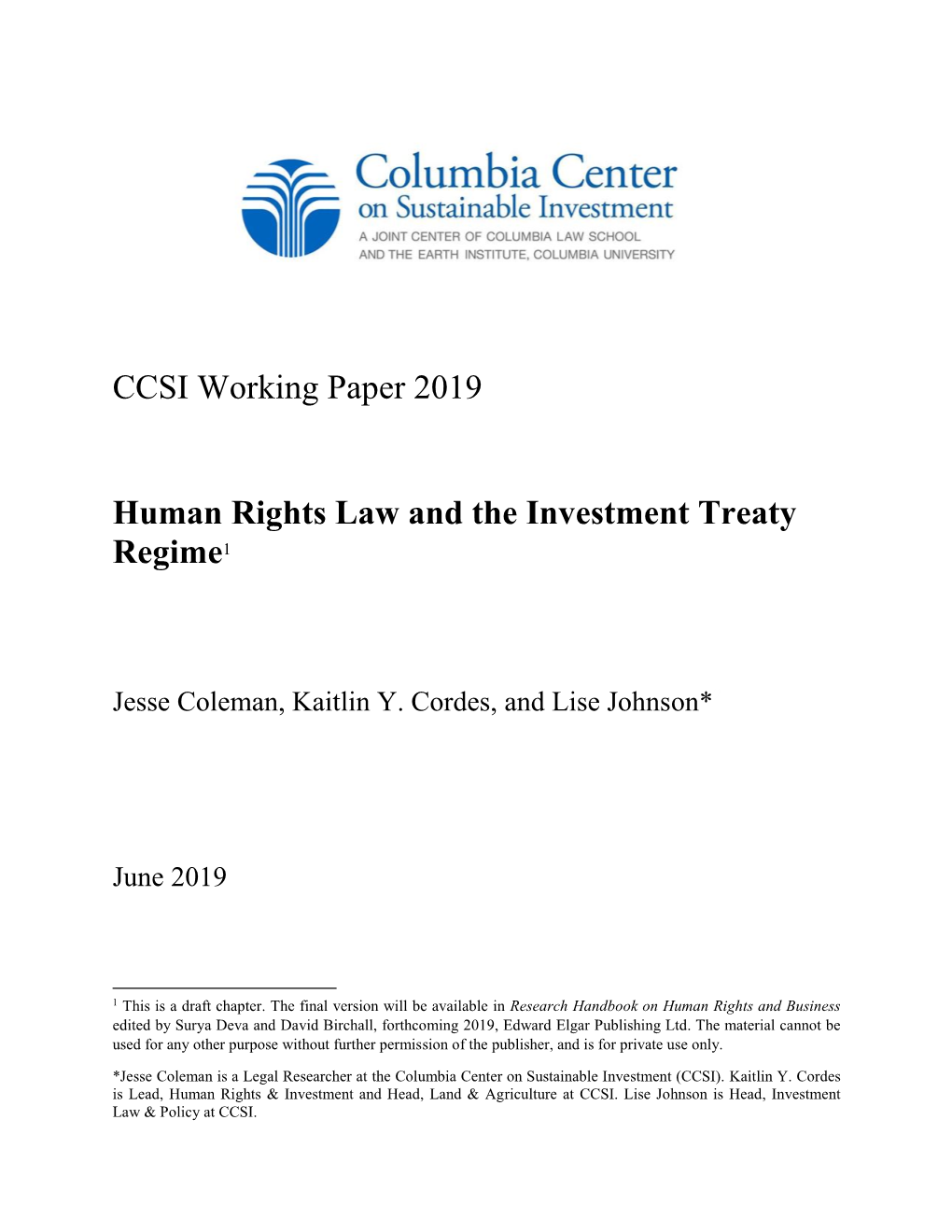 CCSI Working Paper 2019 Human Rights Law and the Investment