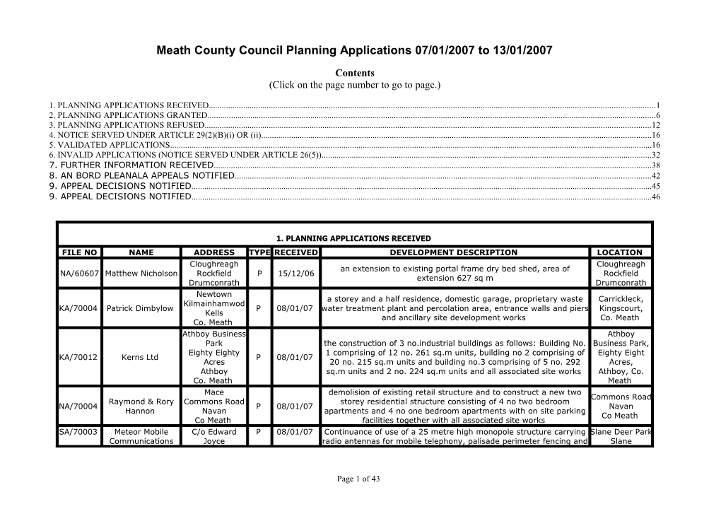 Meath County Council Planning Applications 07/01/2007 to 13/01/2007