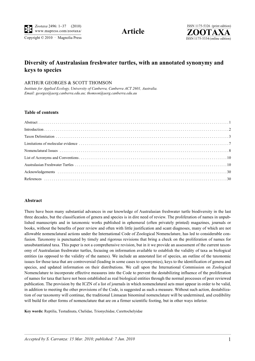 Zootaxa, Diversity of Australasian Freshwater Turtles, with An