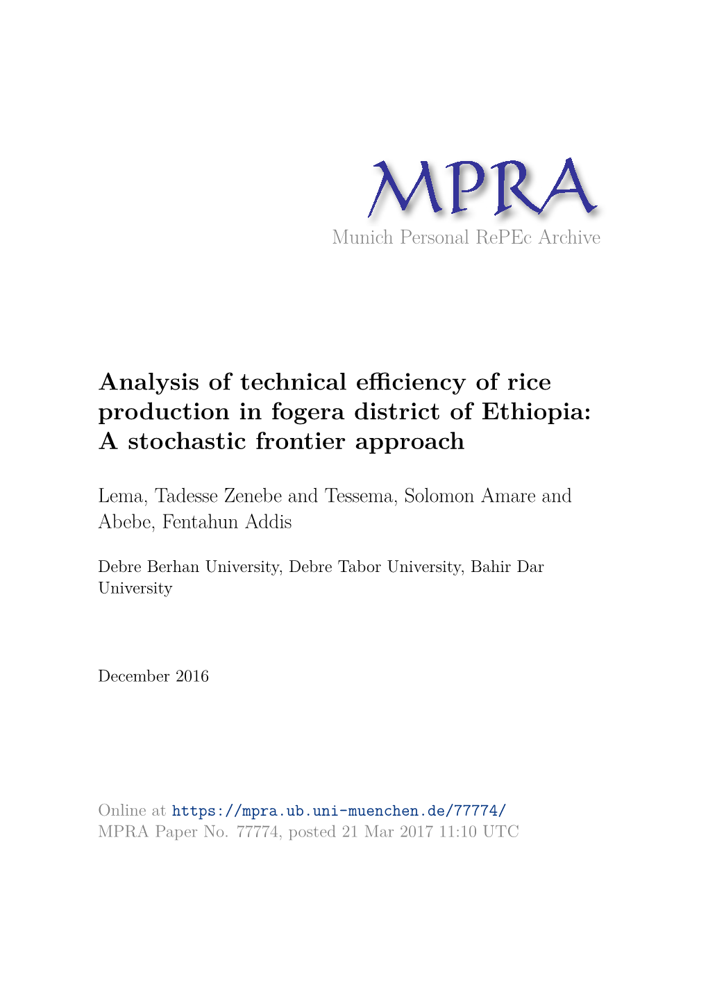 Analysis of Technical Efficiency of Rice Production in Fogera District of Ethiopia: a Stochastic Frontier Approach