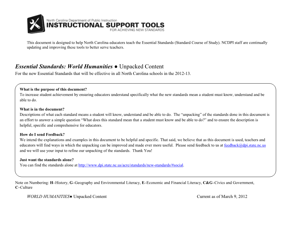 World Humanities ● Unpacked Content for the New Essential Standards That Will Be Effective in All North Carolina Schools in the 2012-13