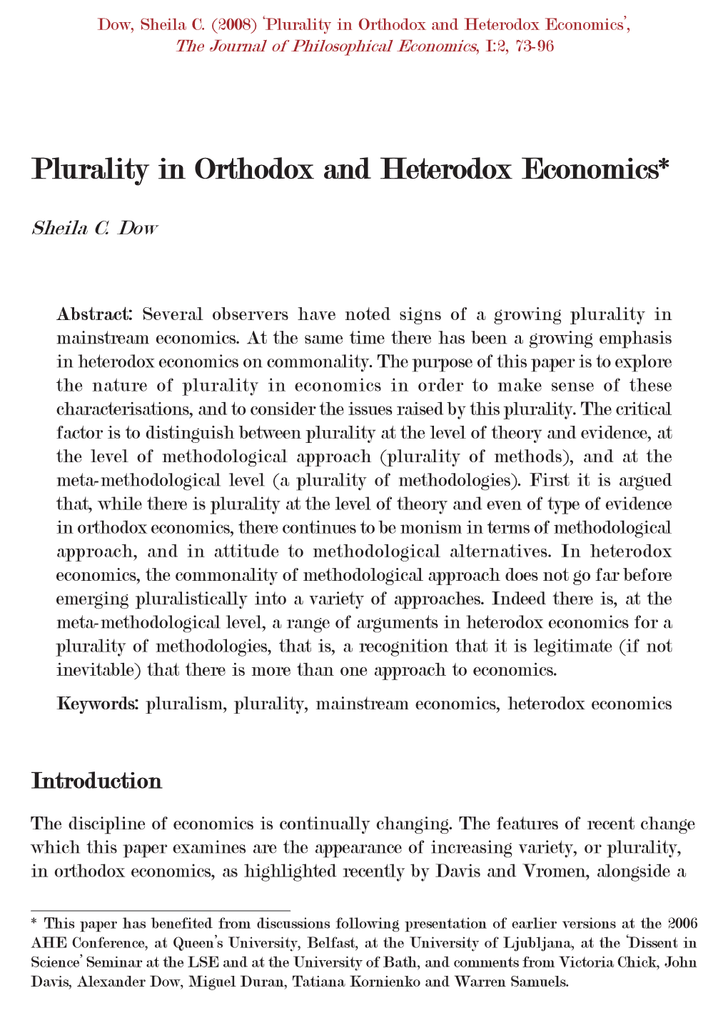Plurality in Orthodox and Heterodox Economics*