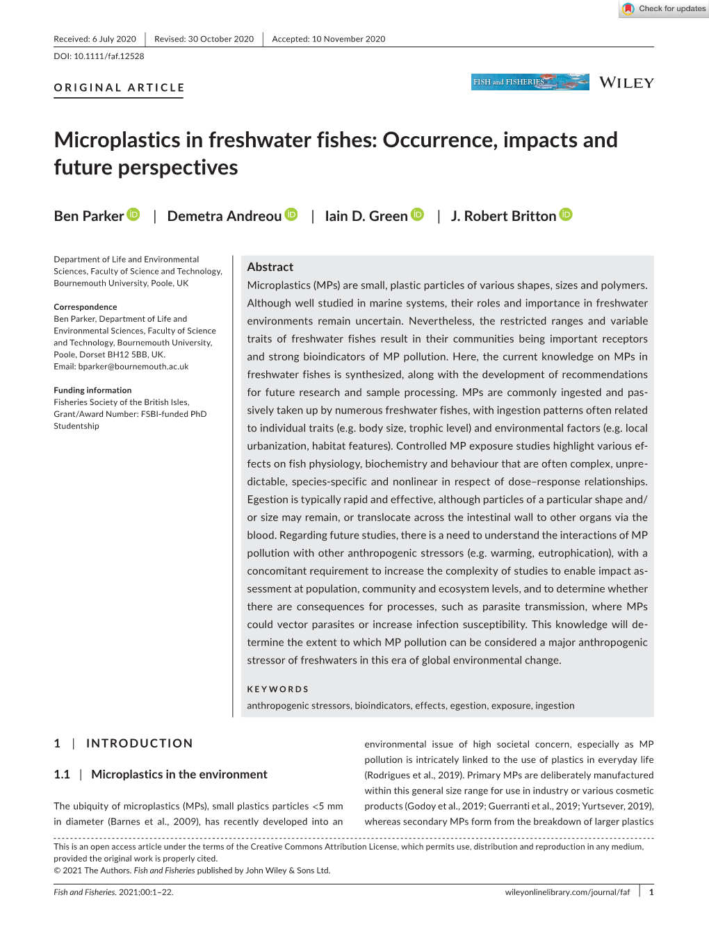 Microplastics in Freshwater Fishes: Occurrence, Impacts and Future Perspectives