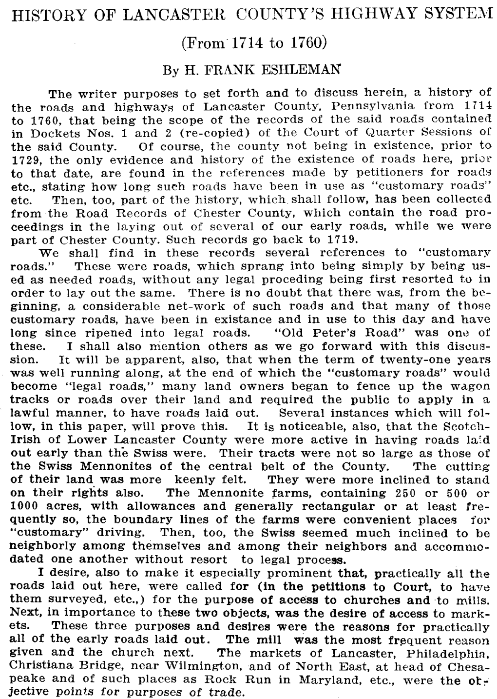 HISTORY of LANCASTER COUNTY's HIGHWAY SYSTEM (From 1714 to 1760)