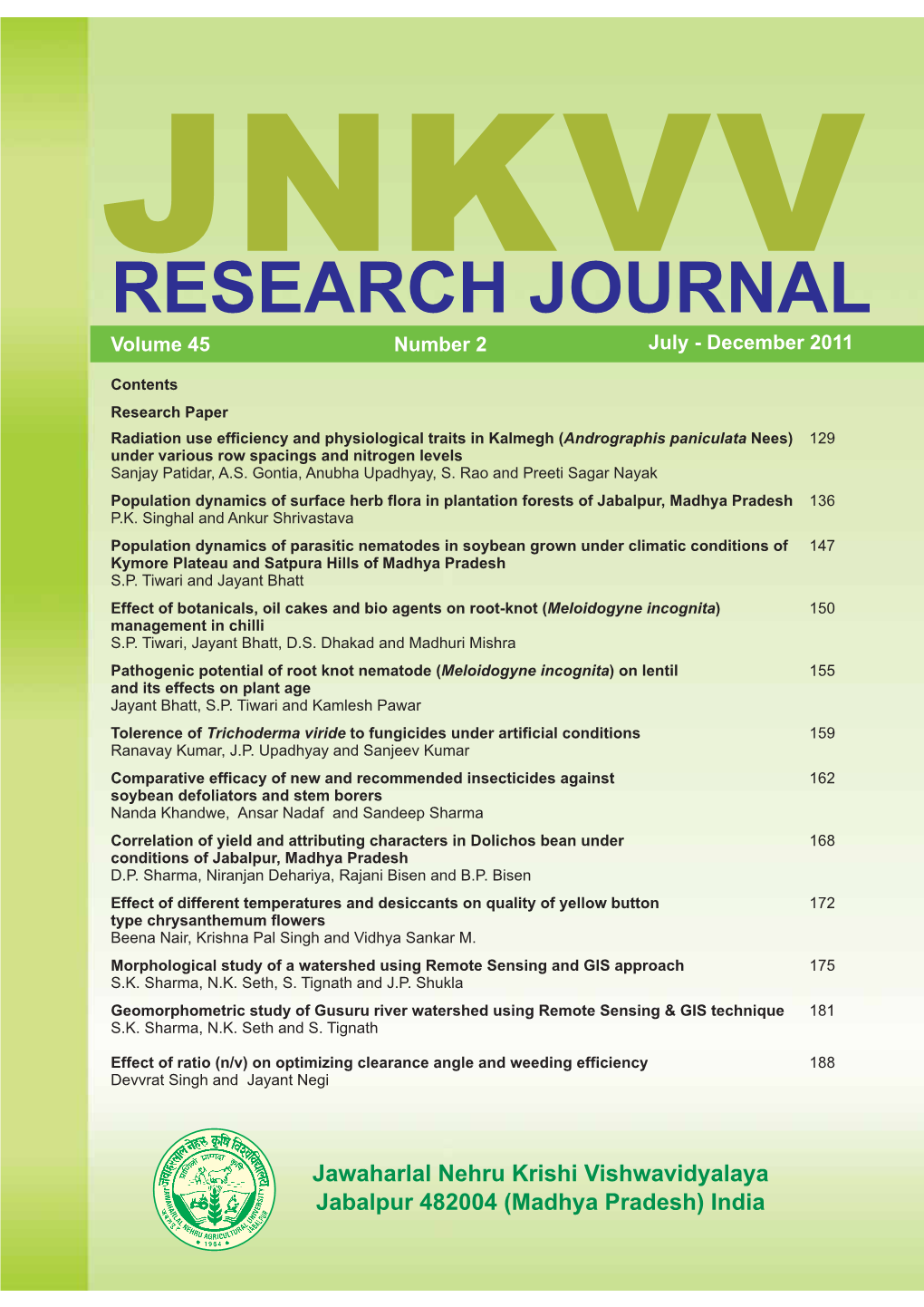 JNKVV RESEARCH JOURNAL Volume 45 Number 2 July - December 2011