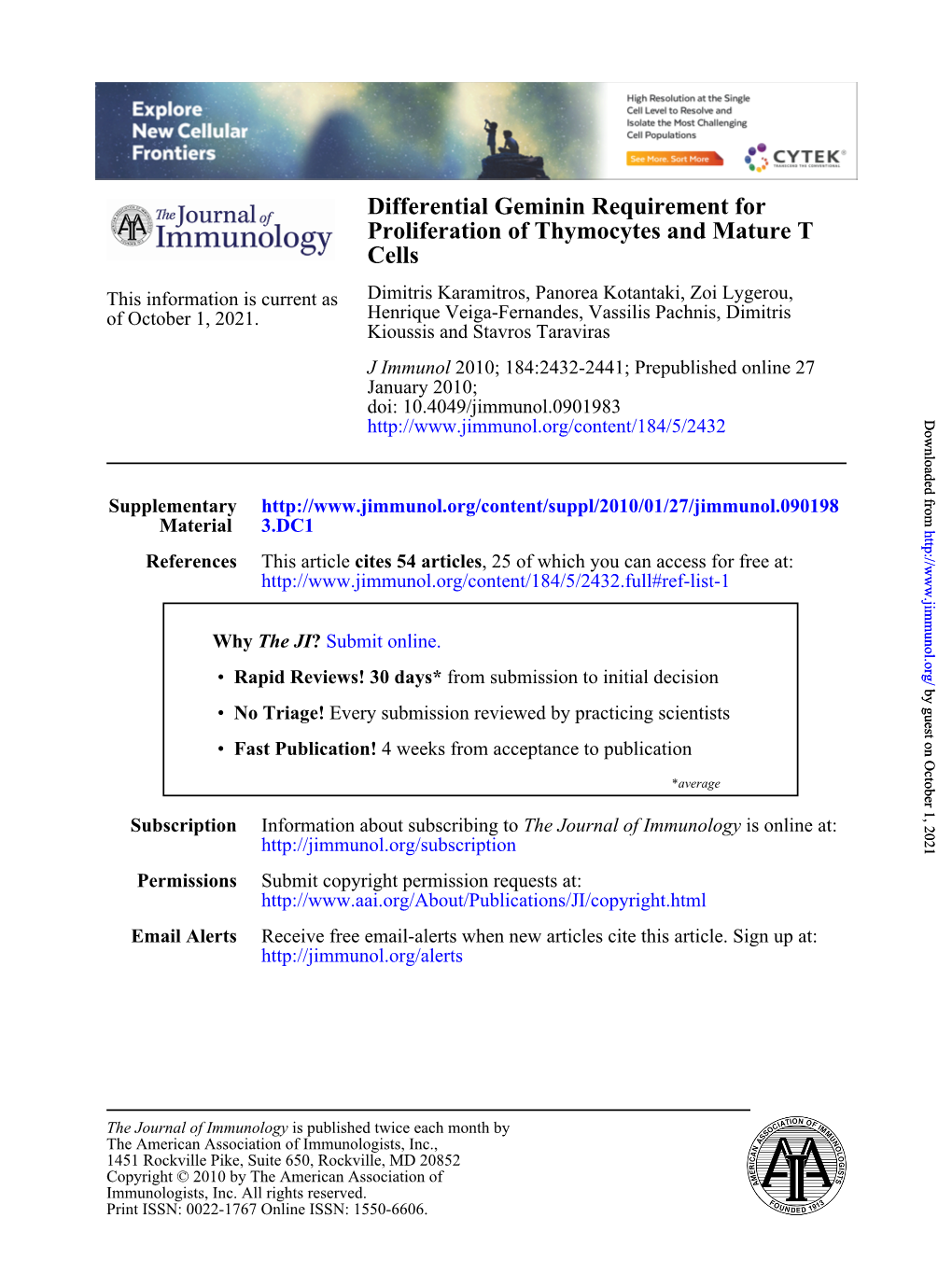 Differential Geminin Requirement for Proliferation of Thymocytes and Mature T Cells