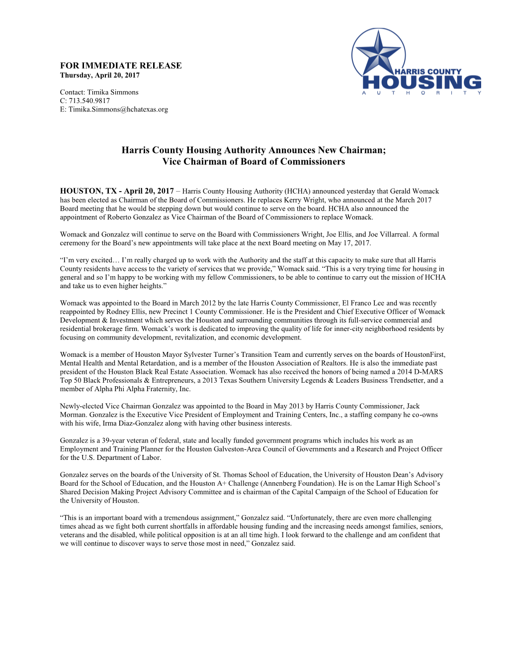 Harris County Housing Authority Announces New Chairman; Vice Chairman of Board of Commissioners